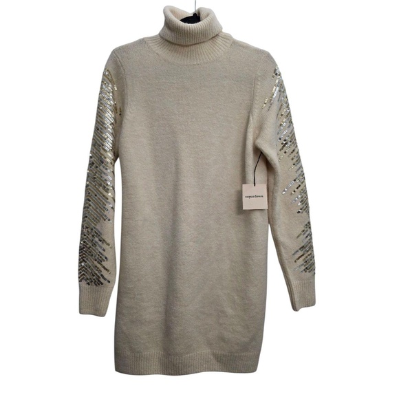 NWT Superdown Size Small Rudie Sparkle Sleeve Cream Turtleneck Sequin Dress Slit - Picture 3 of 9